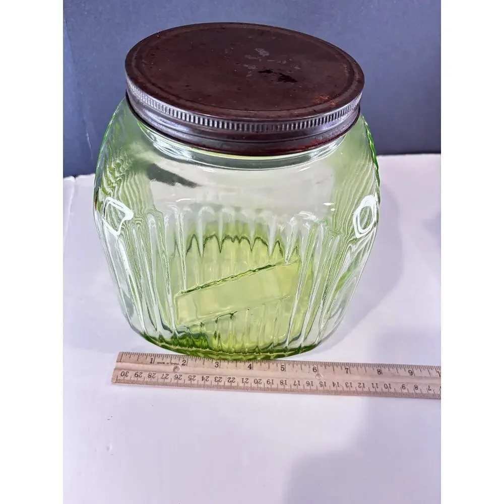 1930s Uranium Vaseline Glass Hoosier Style Canister Jar Ribbed UV Glow Lid